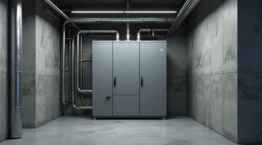 Photo réaliste d'une chaudière de chauffage central dans un sous-sol propre avec un éclairage cinématographique et textures fines