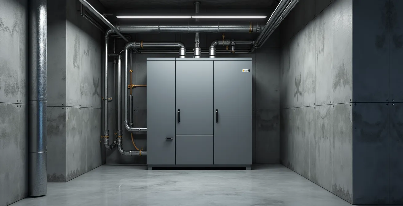Photo réaliste d'une chaudière de chauffage central dans un sous-sol propre avec un éclairage cinématographique et textures fines