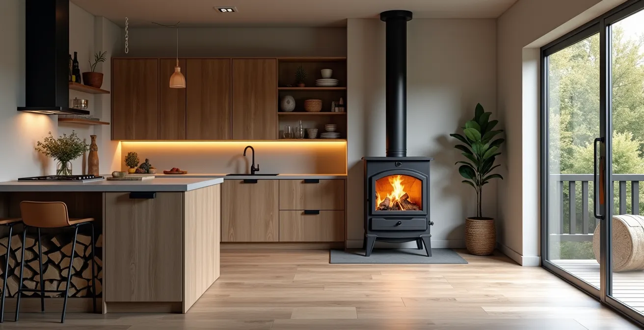 Plan architectural illustré d’une cuisine moderne organisée autour d’une cuisinière à bois.