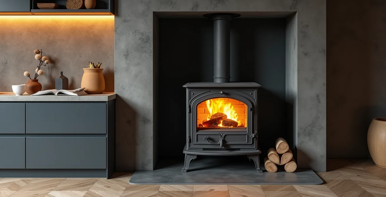 Association d’une cuisinière à bois en fonte brute avec un plan de travail en béton ciré et façades modernes laquées.