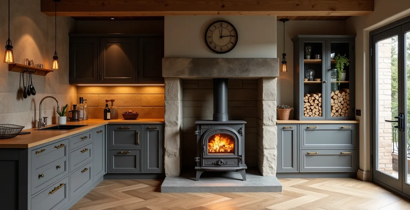 Cuisine contemporaine avec une grande cuisinière à bois traditionnelle comme pièce centrale.