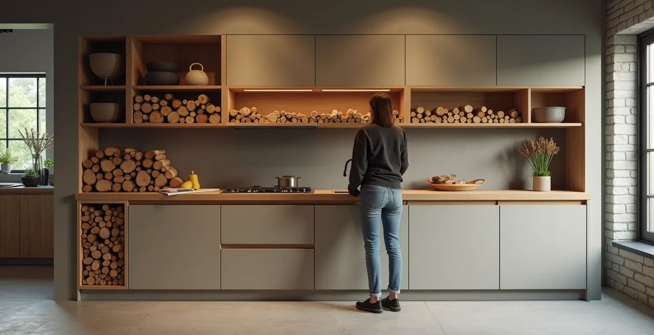Niches murales modernes pour rangement de bûches de bois dans une cuisine contemporaine.