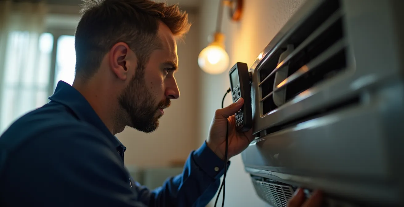 Technicien professionnel effectuant des mesures de performance sur une unité de climatisation