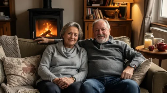Couple français dans salon chaleureux avec poêle à bois moderne allumé