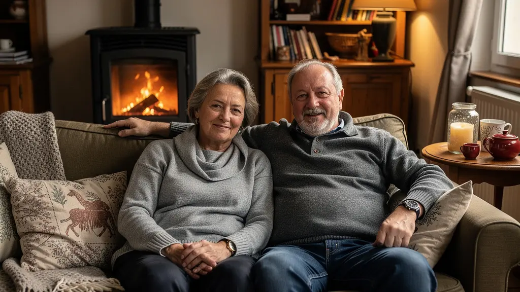 Couple français dans salon chaleureux avec poêle à bois moderne allumé