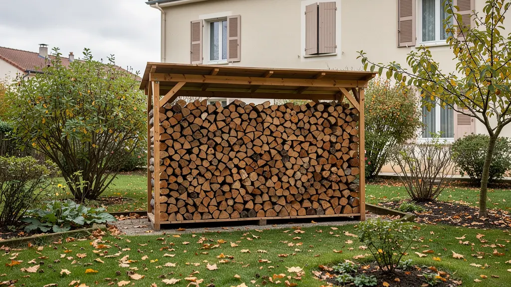 Bûches de bois empilées dans abri extérieur de maison française