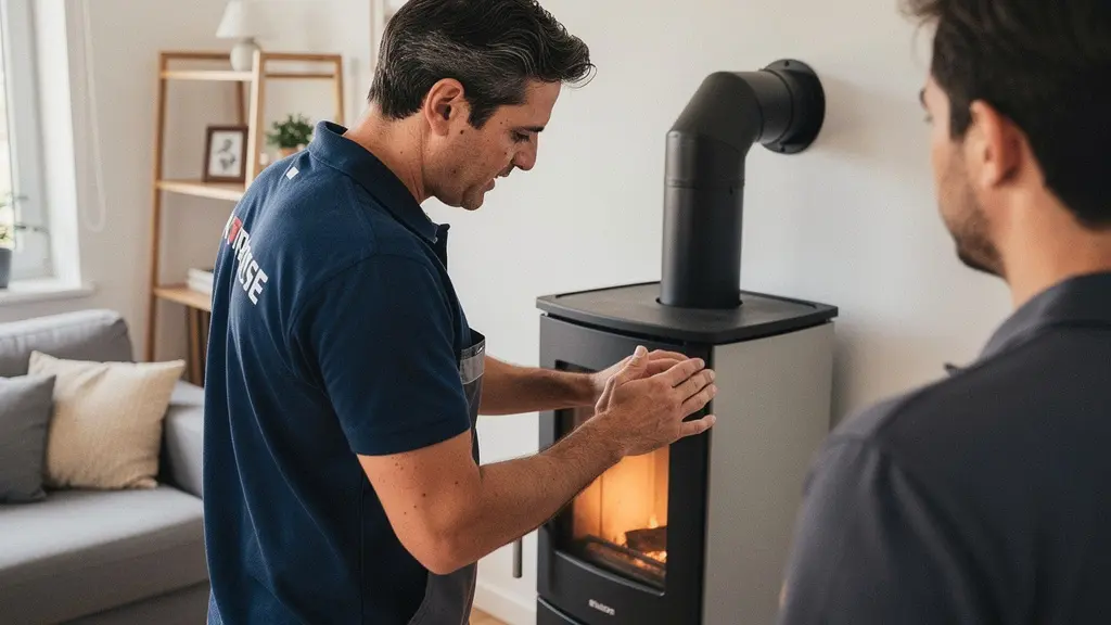 Installateur RGE vérifiant le raccordement d'un poêle à bois moderne