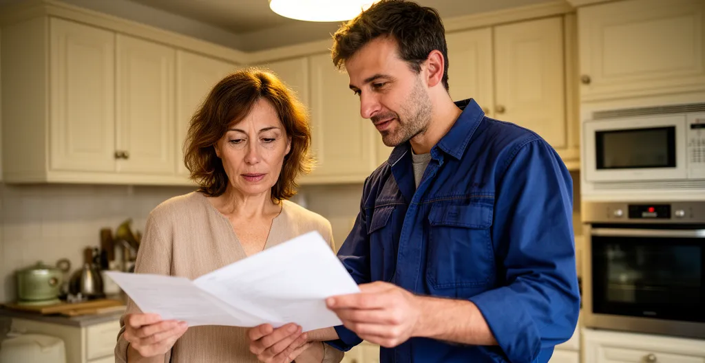 Propriétaire consultant un devis avec un artisan plombier certifié dans une cuisine