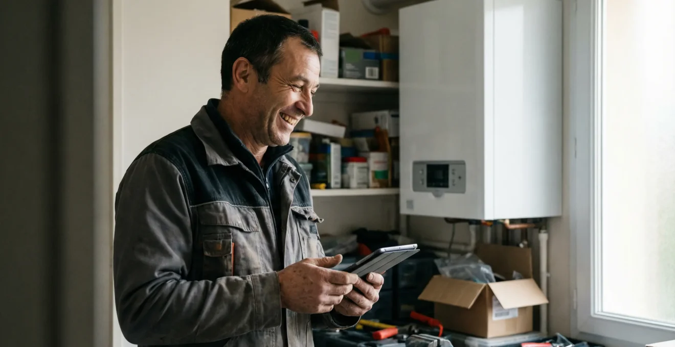 Technicien plombier-chauffagiste certifié vérifiant une chaudière murale dans une maison du Choletais
