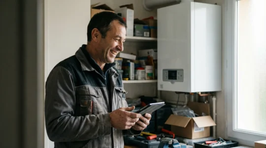 Technicien plombier-chauffagiste certifié vérifiant une chaudière murale dans une maison du Choletais
