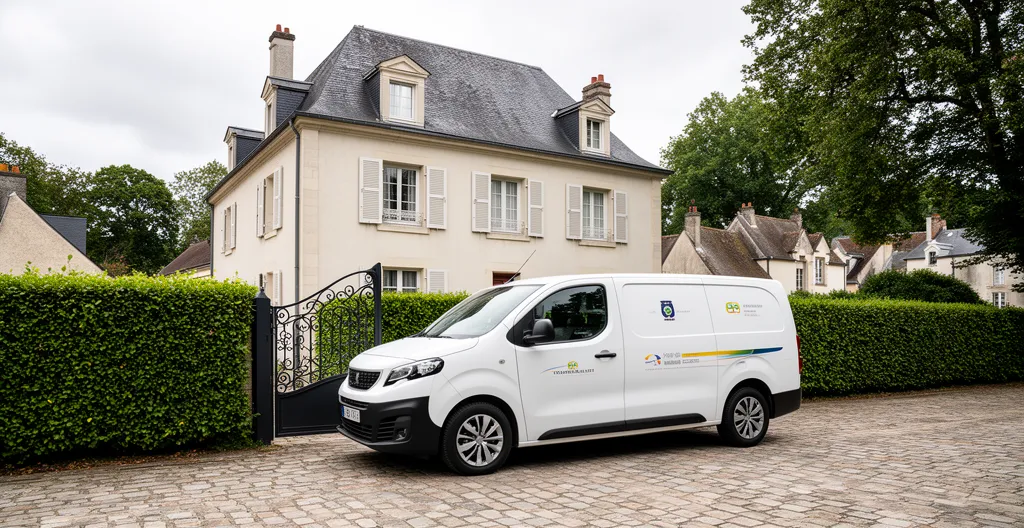 Véhicule utilitaire d'un plombier certifié RGE garé devant une maison à Cholet