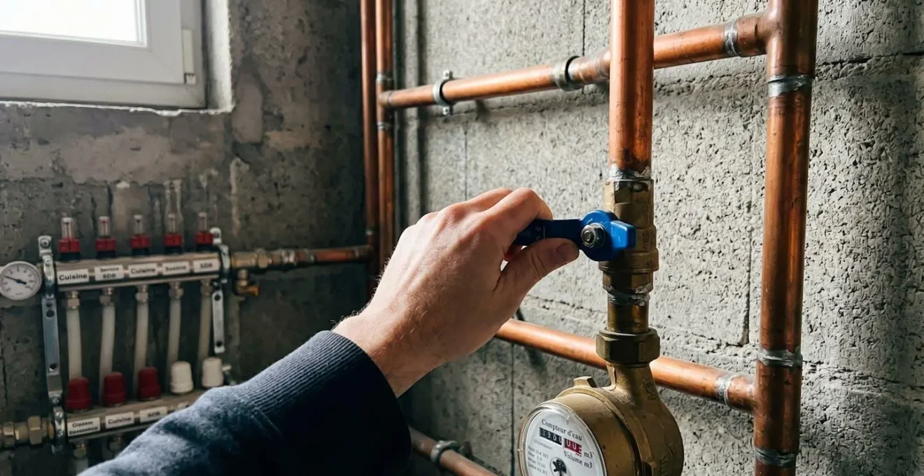 Main tournant une vanne d'arrêt bleue dans le sens horaire sur canalisation cuivre près du compteur