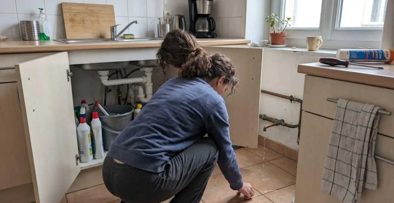 Une personne de dos accroupie sous un évier de cuisine observe une fuite d'eau avec du carrelage mouillé au sol