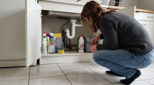 Une personne de dos accroupie sous un évier de cuisine observe une fuite d'eau avec du carrelage mouillé au sol