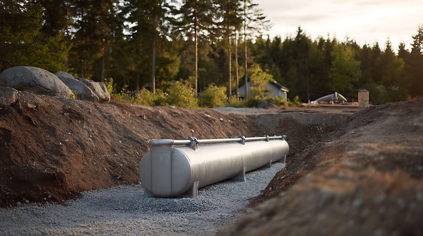 Citerne de propane enterrée dans une exploitation agricole française, signalisation de sécurité visible au premier plan, végétation autour