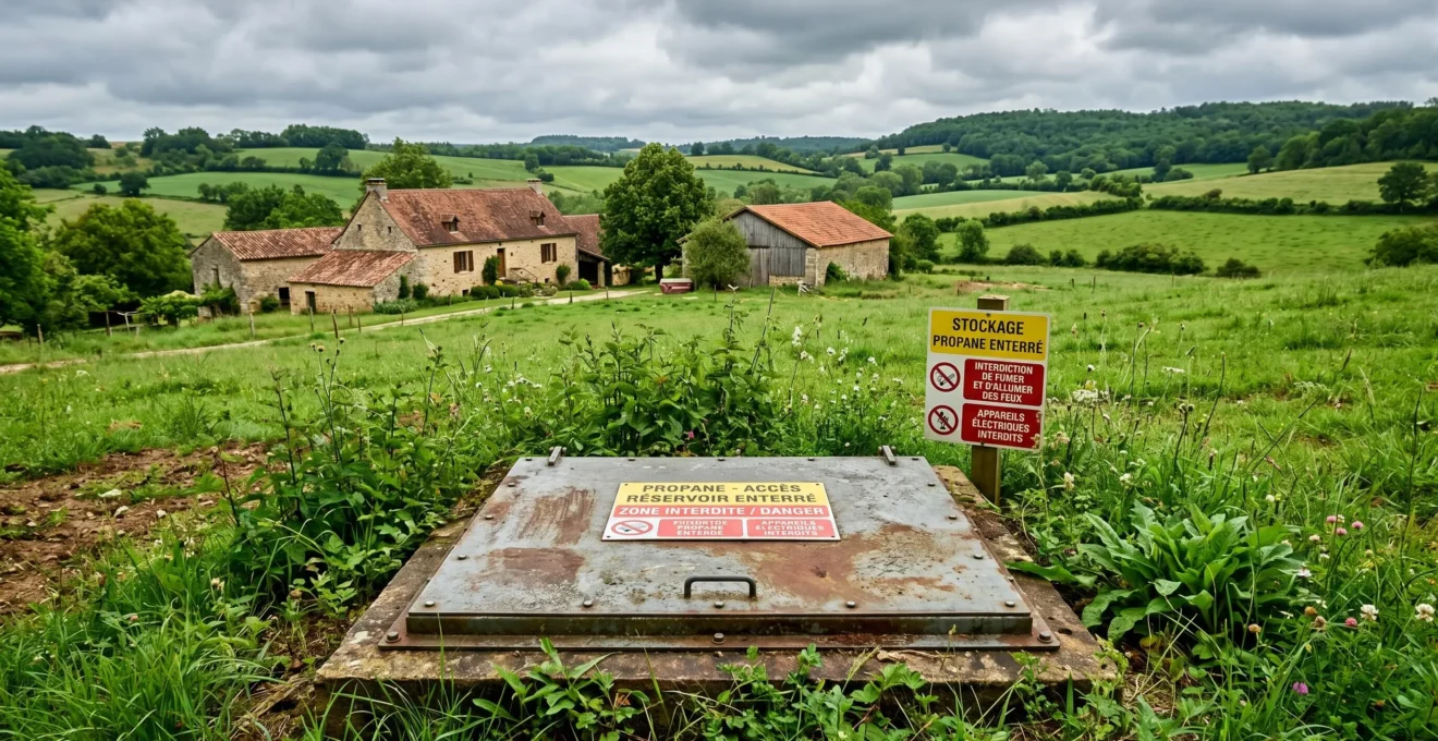 Citerne de propane enterrée dans une exploitation agricole française, signalisation de sécurité visible au premier plan, végétation autour