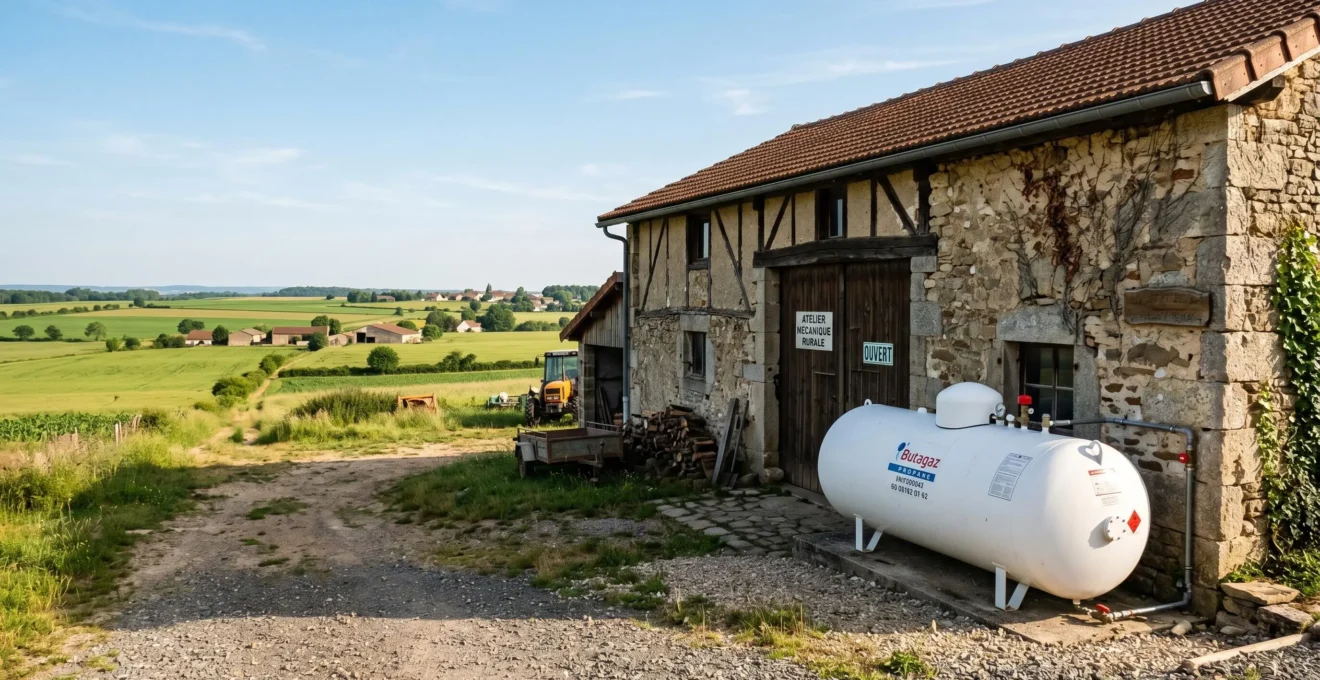 Citerne de propane aérienne installée à côté d'un bâtiment professionnel en zone rurale, entourée de champs et de végétation