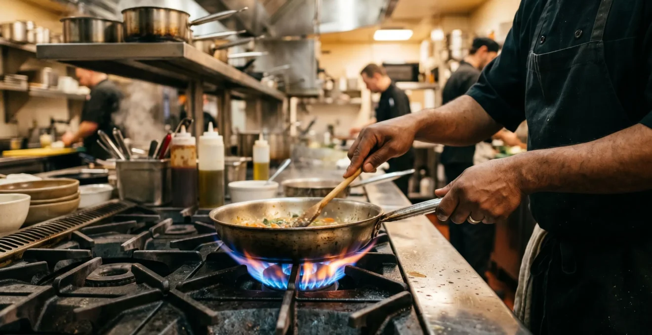 Chef professionnel travaillant sur des brûleurs à gaz dans une cuisine de restaurant en zone rurale, flamme bleue visible