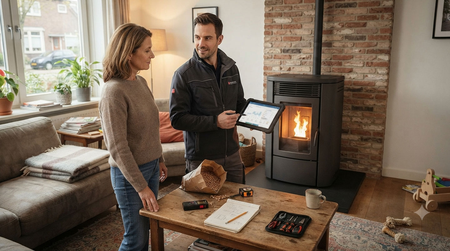 Technicien RGE français effectuant des mesures thermiques dans un local technique résidentiel avec équipements de chauffage