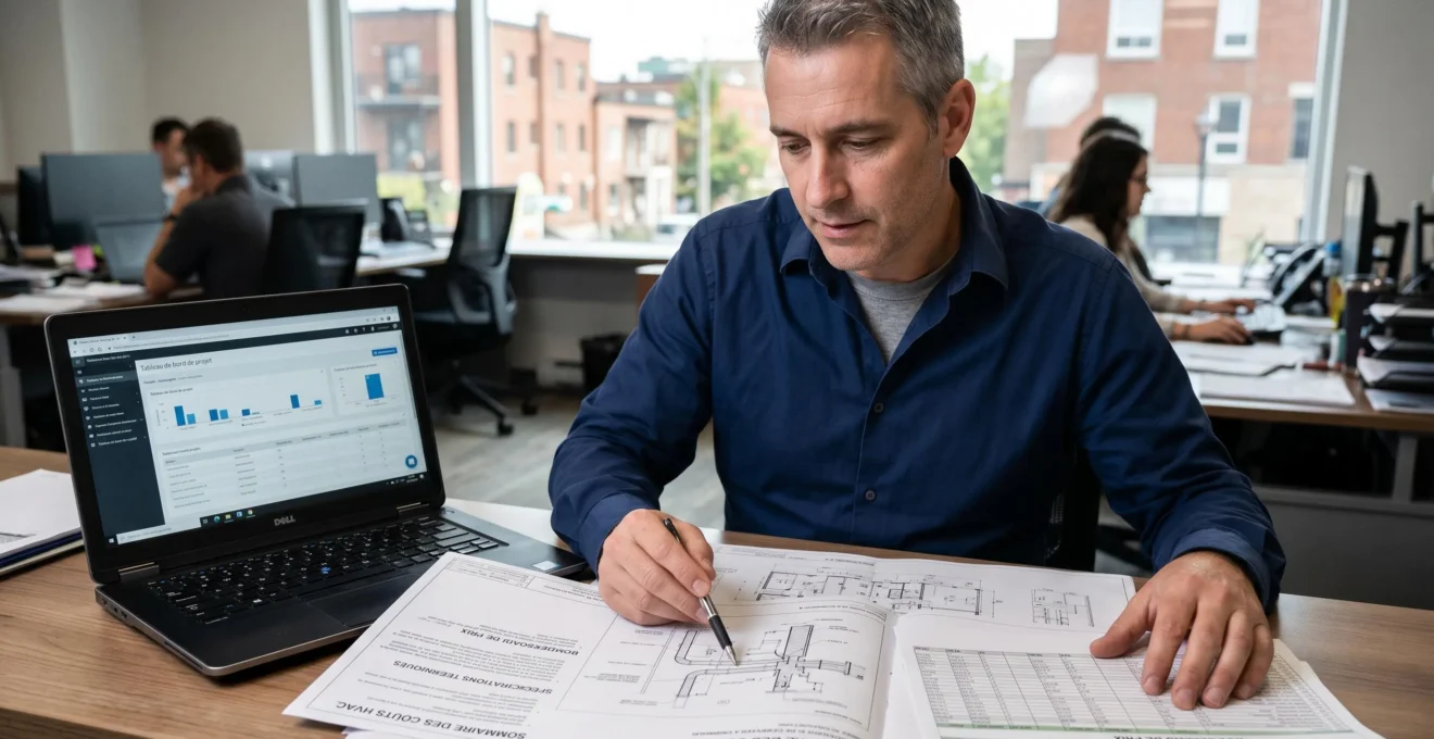 Gestionnaire de bâtiment commercial analysant des documents de soumission et plans techniques CVC sur son bureau, en contexte de décision d'investissement pour projet chauffage
