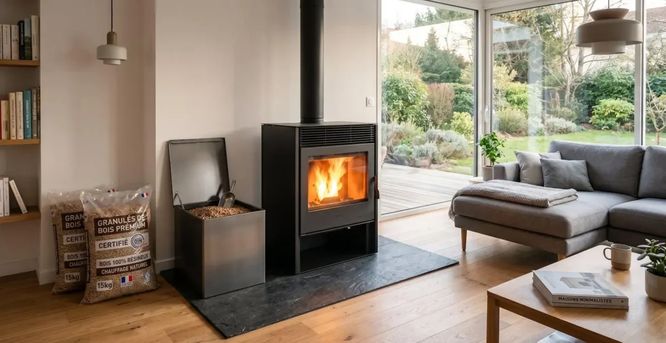 Salon moderne français avec poêle à granulés en fonctionnement, flammes visibles, sacs de granulés et mobilier contemporain