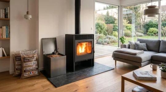 Salon moderne français avec poêle à granulés en fonctionnement, flammes visibles, sacs de granulés et mobilier contemporain