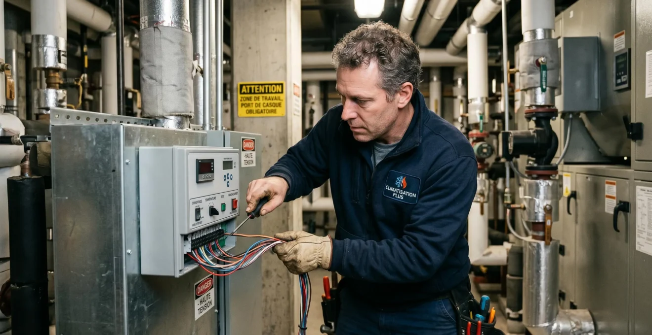 Technicien CVC certifié en uniforme professionnel installant ou inspectant un panneau de contrôle de système de chauffage commercial dans une salle mécanique, regard concentré sur l'équipement
