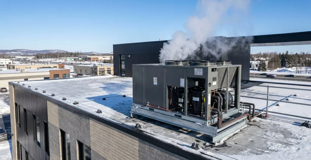Unité de thermopompe commerciale installée sur le toit d'un bâtiment commercial au Québec en hiver, vapeur d'eau visible s'échappant de l'équipement en fonctionnement par temps froid, paysage urbain québécois en arrière-plan