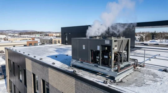 Unité de thermopompe commerciale installée sur le toit d'un bâtiment commercial au Québec en hiver, vapeur d'eau visible s'échappant de l'équipement en fonctionnement par temps froid, paysage urbain québécois en arrière-plan