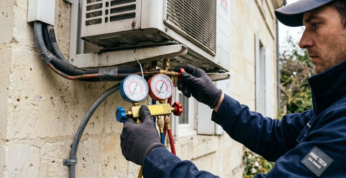Mains d'un technicien contrôlant la pression d'une unité extérieure de climatisation au manomètre.