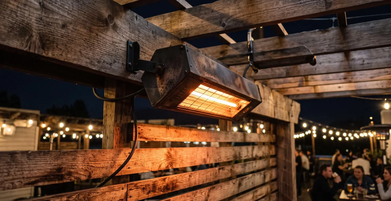 Un chauffage radiant lumineux fixé sous une pergola en bois éclaire les lattes